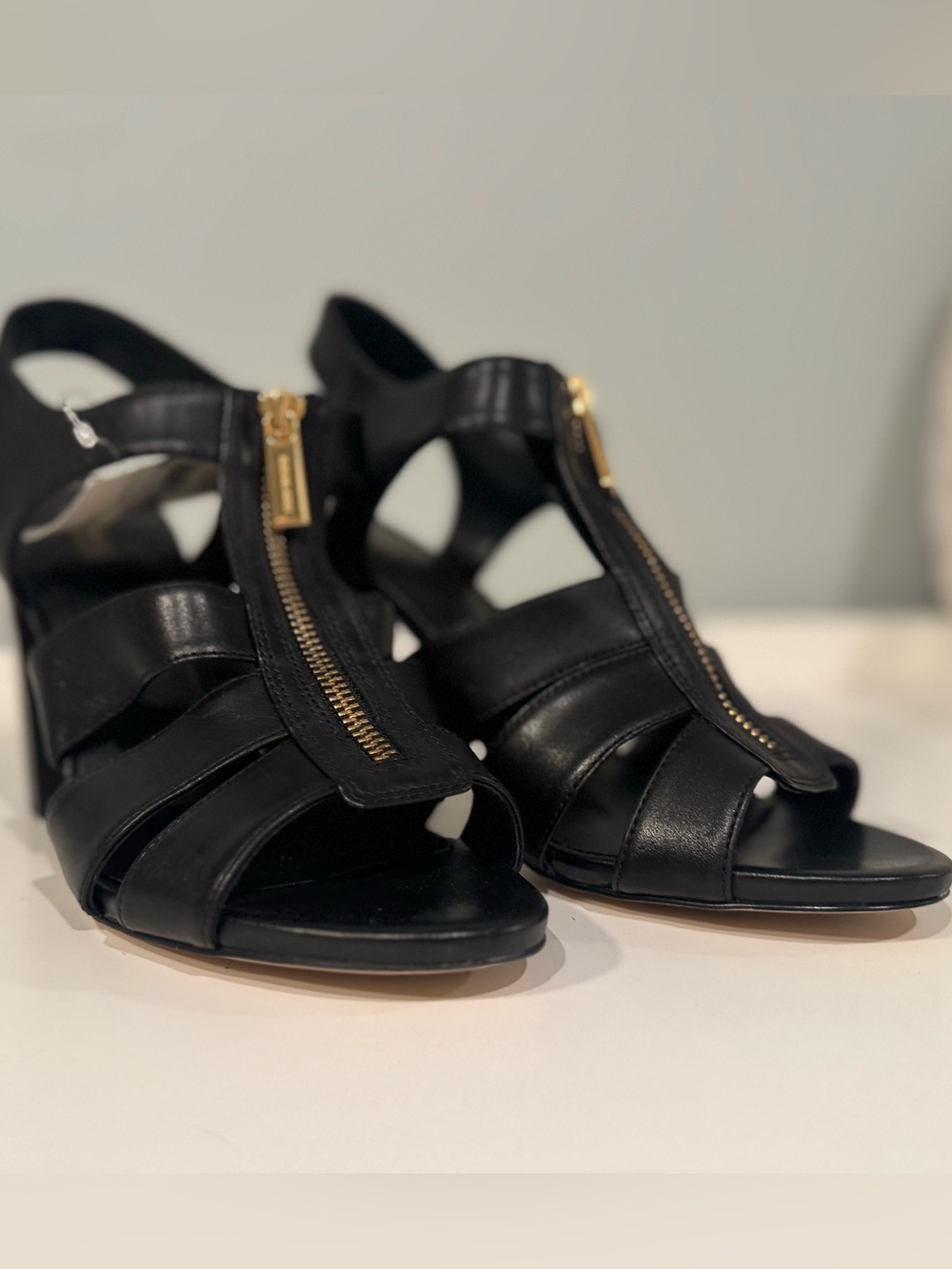 NWT MICHAEL Michael Kors Black Leather Zip Front Block Heel Sandals